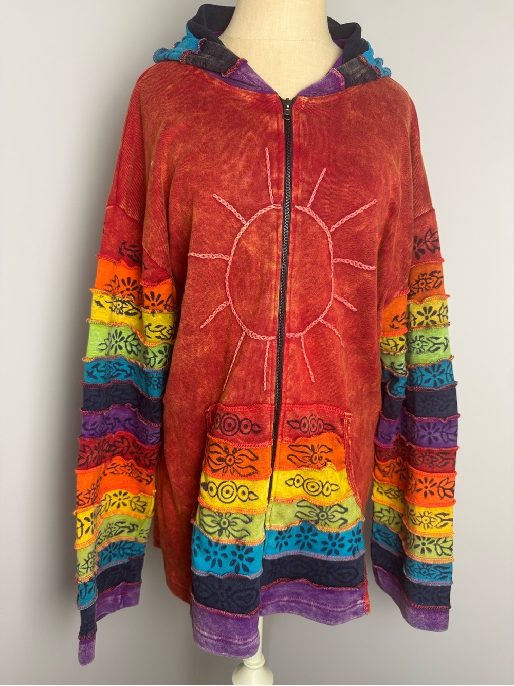 Greater Goods Red Sun Graphic Zip Hoodie with Rainbow Stripe Sleeves